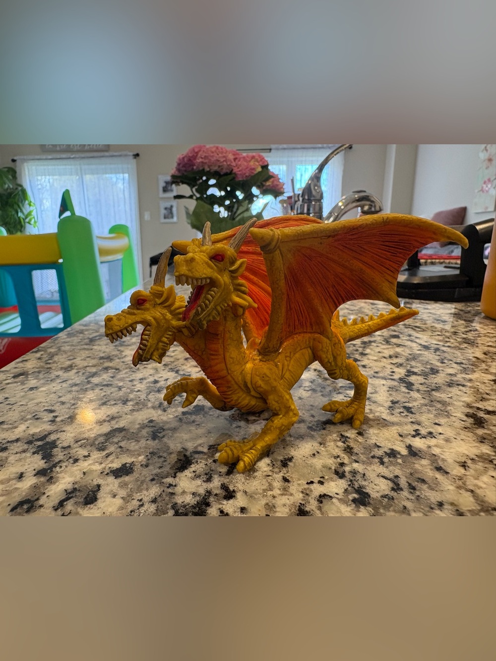 Vintage Yellow Medieval 2 Headed Dragon PVC Fantasy Figure 2243-P4